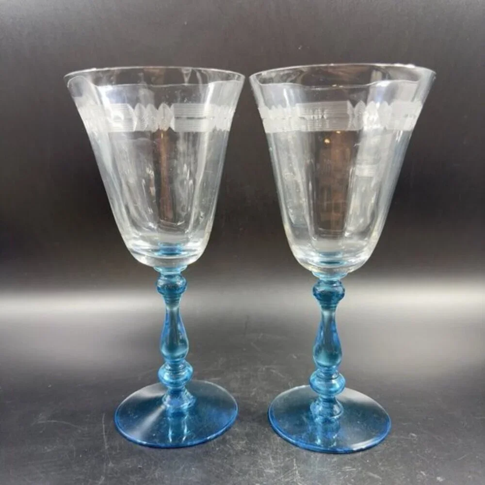 Antique Tiffin Franciscan Tall Blue Stem 2‎ Glasses Etched Manganese 365nm UV